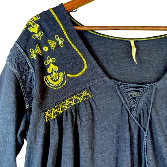 Free People Navy Blue Boho Yellow Embroidered Blouse - Picture 8 of 13